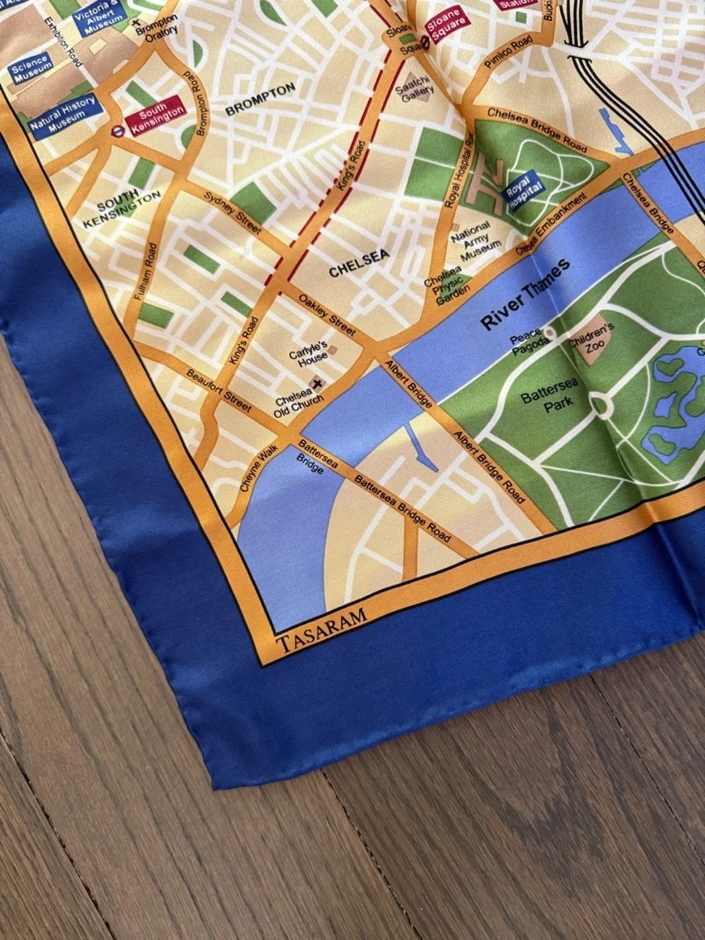 Silk Map of London Scarf in Navy Border, Cream Background by Tasaram. Beautiful.
